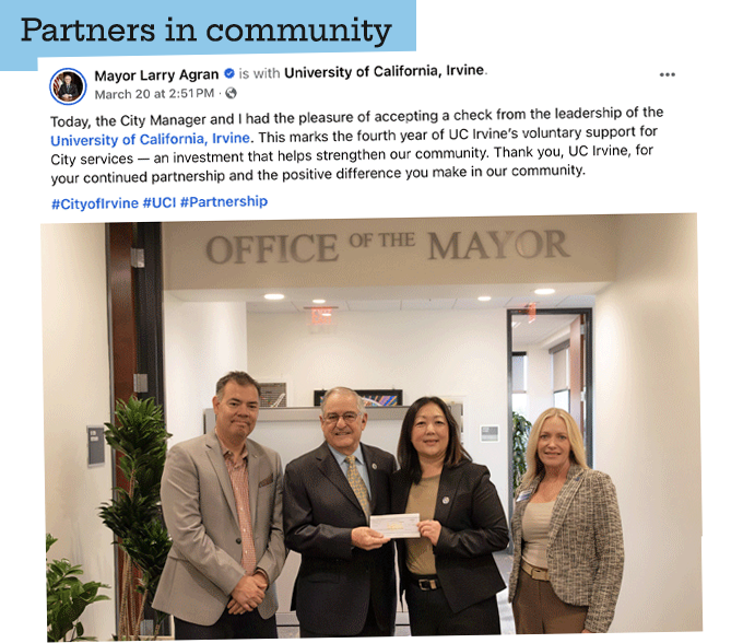 mayor's post thanking UC Irvine's support for City services