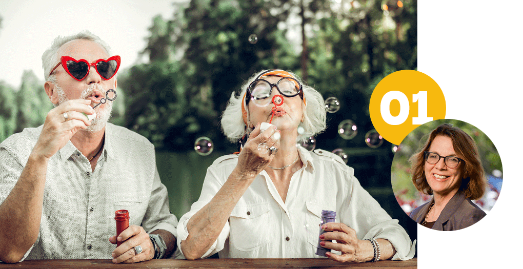older couple with silly glasses blowing bubbles outdoor, Susan Charles headshot 