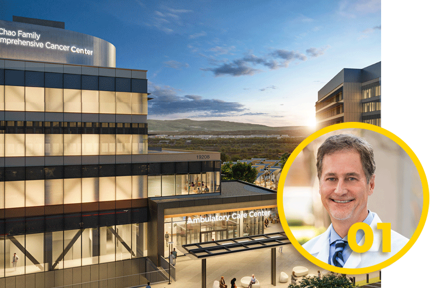Dr. Richard Van Etten and architecture rendering of the cancer center