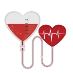 Illustration of a heart-shaped bag of blood connected to a heart-shaped blood pressure monitor.