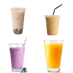 A grid with four beverages, including boba, iced cofee, orange juice and a blueberry smoothie.