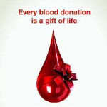 Text says: Every blood donation is a gift of life. A blood drop with a red bow on it.