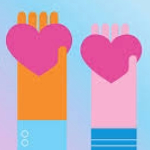 Abstract animation of hands holding pink hearts.