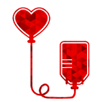 Graphic illustration of a blood bag connected to a heart.
