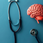 Image of stethoscope and a replica of brain matter.
