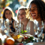 Young adults gathered around a dining table.